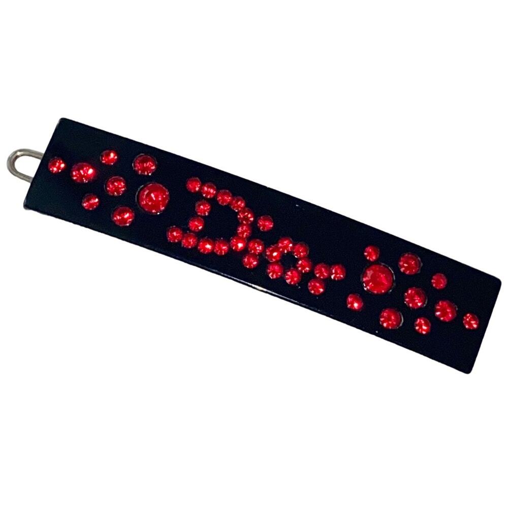 VTG Christian Dior Black Lucite Red Crystal Rhinestone Logo Hair Clip Barrette